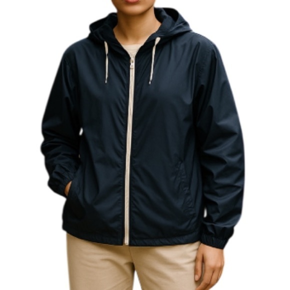 EDDIE BAUER Oversize Windbreaker Jacket Navy Hooded Drawstring Granola Size M - Picture 1 of 11